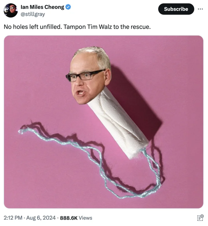 Tampon Tim — Tweet showing Tim Walz's face edited onto a tampon with mocking caption