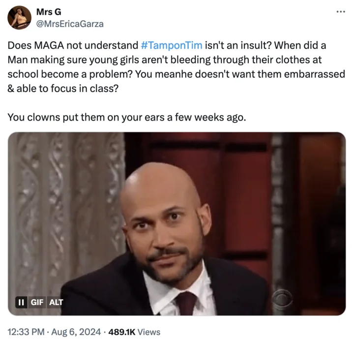 Tweet defending Tim Walz over the Tampon Tim nickname with a Keegan-Michael Key reaction GIF