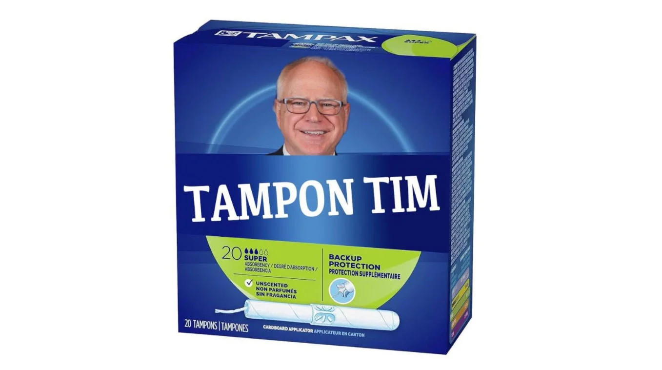 Photoshopped Tampax box with Tim Walz's face and the label 'Tampon Tim'