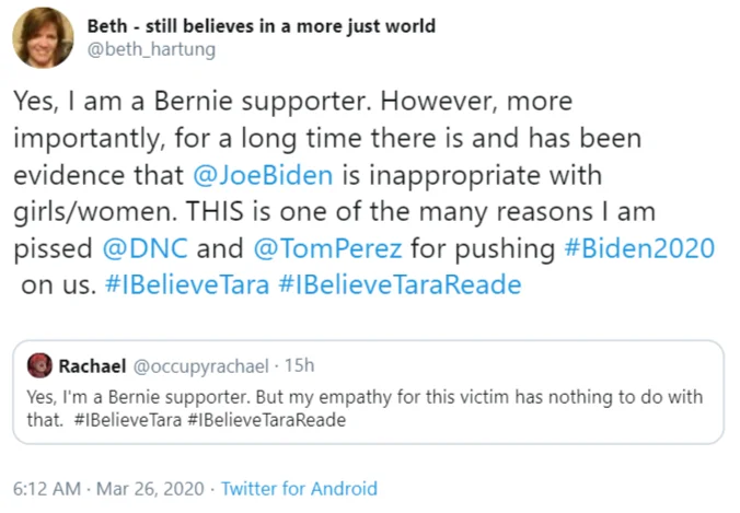 Tara Reade's Joe Biden Sexual Assault Allegations — Tweet from Bernie supporter criticizing DNC for pushing Biden despite allegations