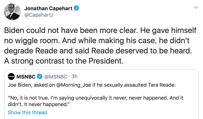 Tara Reade's Joe Biden Sexual Assault Allegations — Tweet from Jonathan Capehart commenting on Biden's denial of Tara Reade allegations