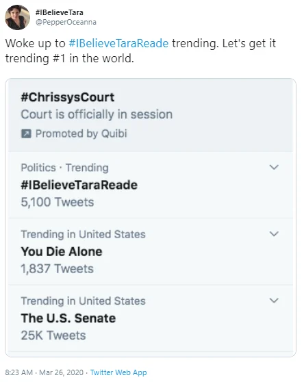 Tara Reade's Joe Biden Sexual Assault Allegations — Tweet showing #IBelieveTaraReade trending on Twitter with 5,100 tweets