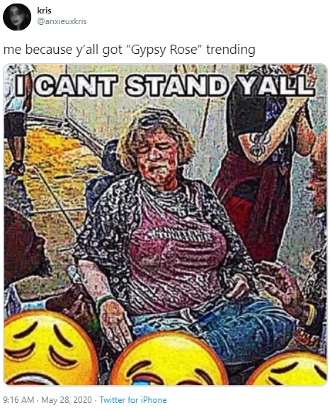 Target Jennifer — Tweet comparing Jennifer to Gypsy Rose with 'I can't stand y'all' crying meme edit