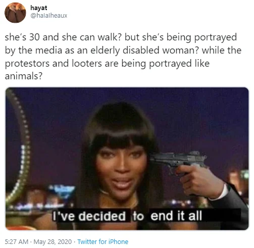 Target Jennifer — Tweet about Jennifer being 30 and able to walk with Naomi Campbell 'end it all' reaction meme