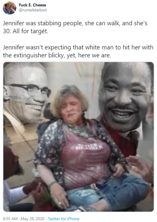 Target Jennifer — Tweet about Jennifer with image placing her between Malcolm X and MLK portraits