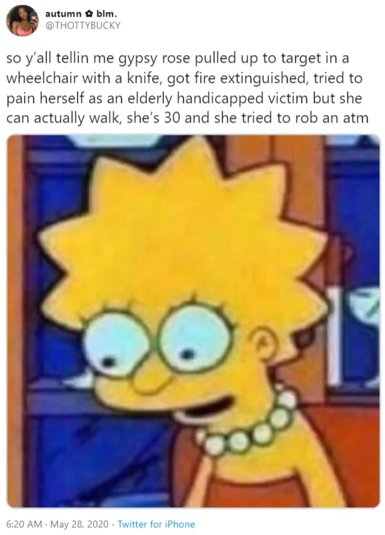 Target Jennifer — Tweet summarizing Jennifer incident with smug Lisa Simpson reaction
