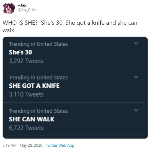 Target Jennifer — Tweet showing US Twitter trends 'She's 30', 'She got a knife', 'She can walk'