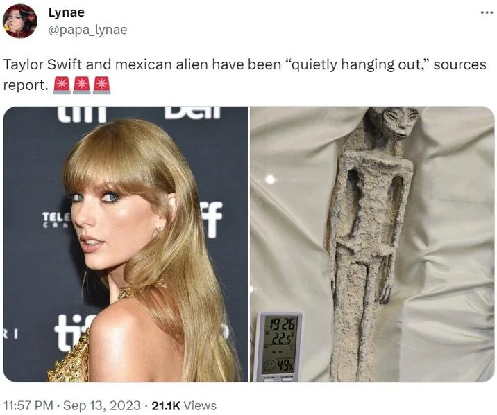 Taylor Swift And Nfl Player Travis Kelce Have Been Quietly Hanging Out — Meme variation featuring Taylor Swift paired with purported alien figure.