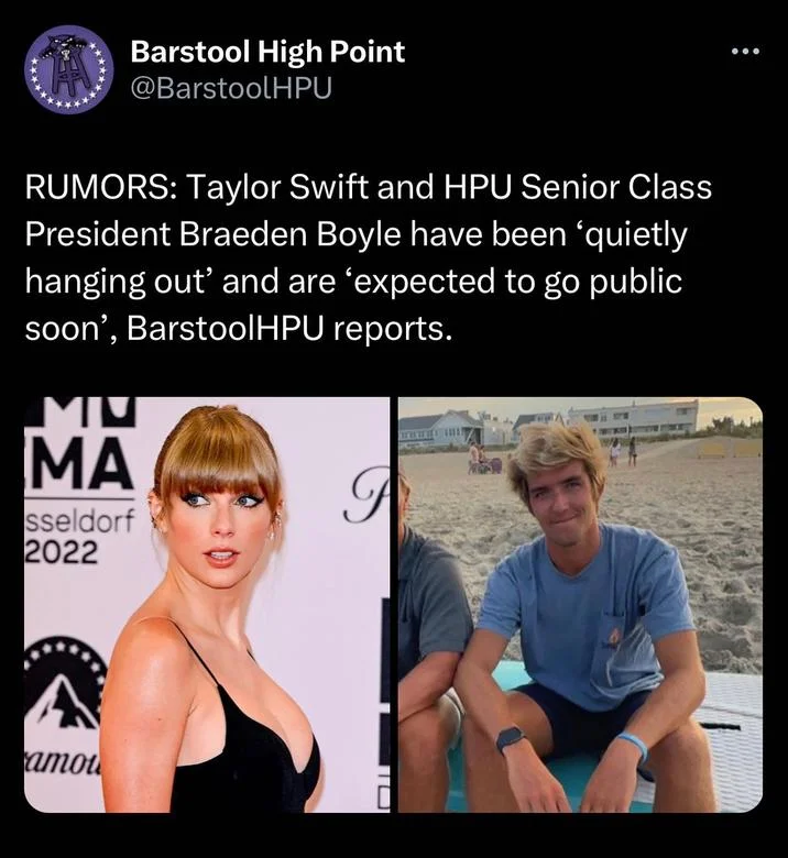 Taylor Swift And Nfl Player Travis Kelce Have Been Quietly Hanging Out — Meme variation from Barstool about Taylor Swift and High Point University student.