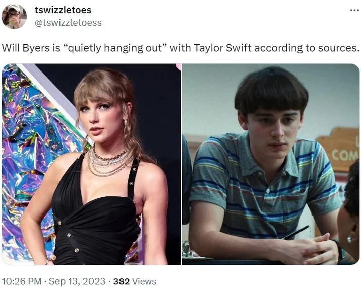 Taylor Swift And Nfl Player Travis Kelce Have Been Quietly Hanging Out — Reversed meme format with Will Byers quietly hanging out with Taylor Swift.