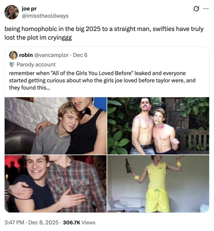 Taylor Swift Eras Tour — Twitter thread with four-panel grid of Taylor Swift dating history photos.