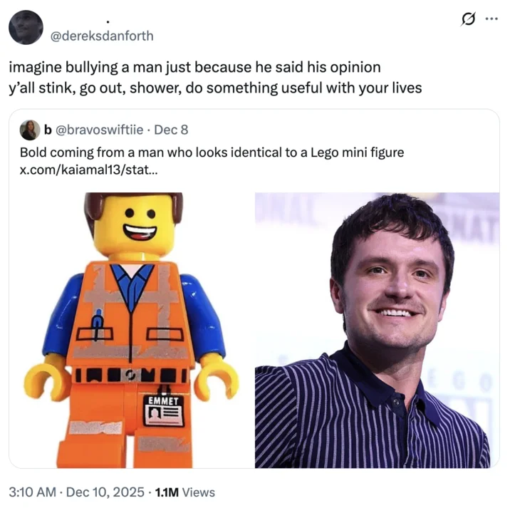 Taylor Swift Eras Tour — Quote-tweet joking about Josh Hutcherson resembling Lego minifigure.