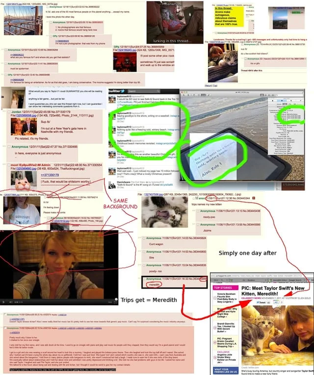 Taylor Swift Is a 4chan User Conspiracy Theory — Tweet by deepfates captioned what if 4chan won the culture, with the Taylor Swift 4chan infographic attached.