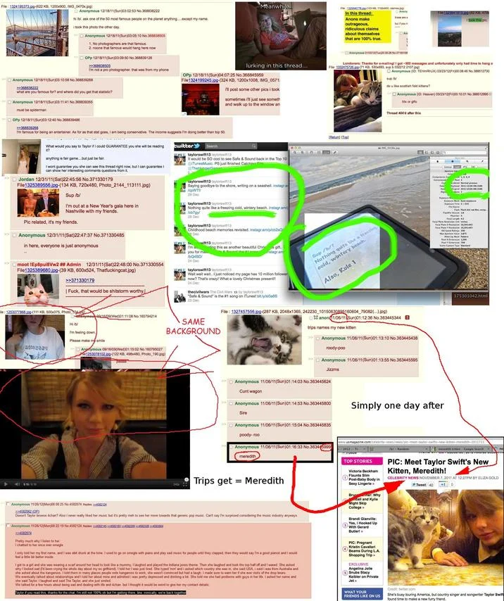 Taylor Swift Is a 4chan User Conspiracy Theory — Full long conspiracy infographic chaining 4chan threads, Taylor Swift tweets and photos with red arrows and