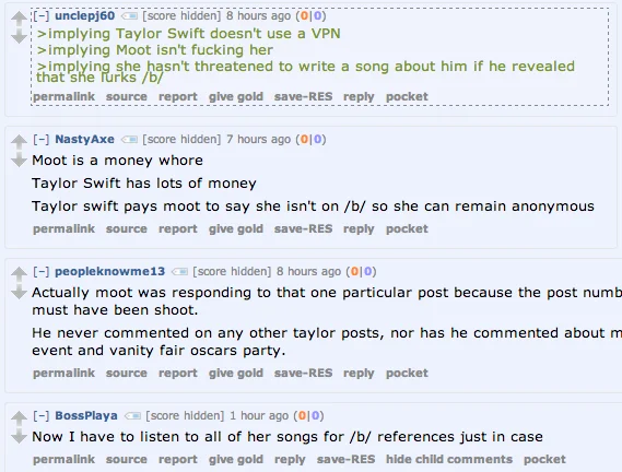 Taylor Swift Is a 4chan User Conspiracy Theory — Reddit comments speculating that moot was paid to protect Taylor Swift's 4chan identity.
