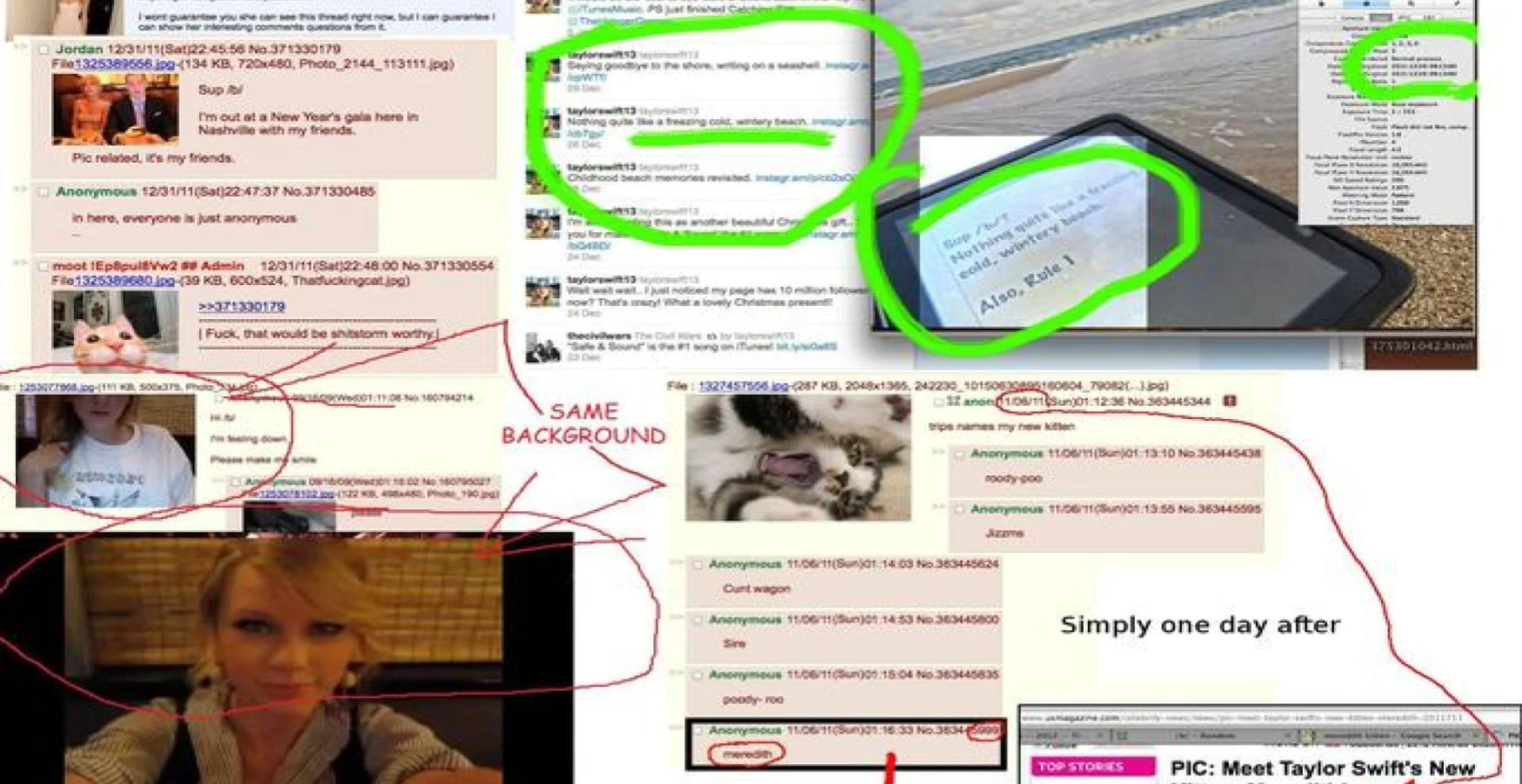 Taylor Swift Is a 4chan User Conspiracy Theory — Collage of 4chan threads and Taylor Swift tweets with green circles and red arrows annotating alleged