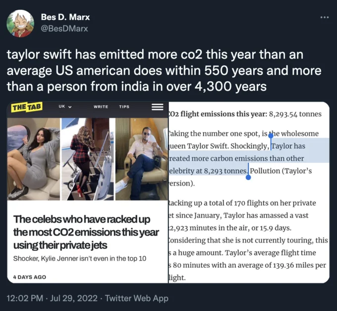 Taylor Swift Jetting Everywhere — Tweet from @BesDMarx about Taylor Swift's CO2 emissions compared to average citizens, citing article from The Tab