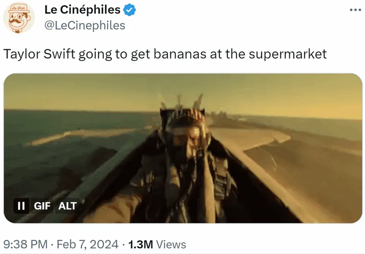 Taylor Swift Jetting Everywhere — Tweet joking Taylor Swift takes a fighter jet for groceries, with Top Gun jet GIF