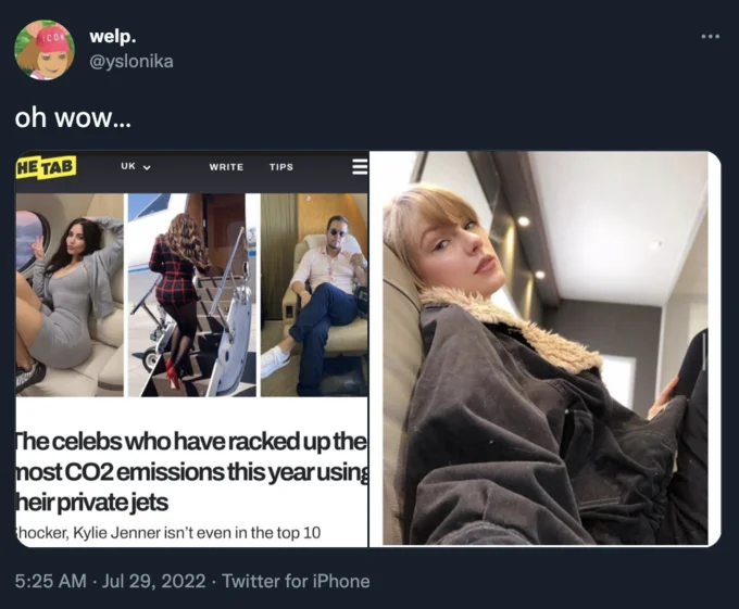 Taylor Swift Jetting Everywhere — Tweet from @yslonika sharing an article about celebrity private jet CO2 emissions with photo of Taylor Swift