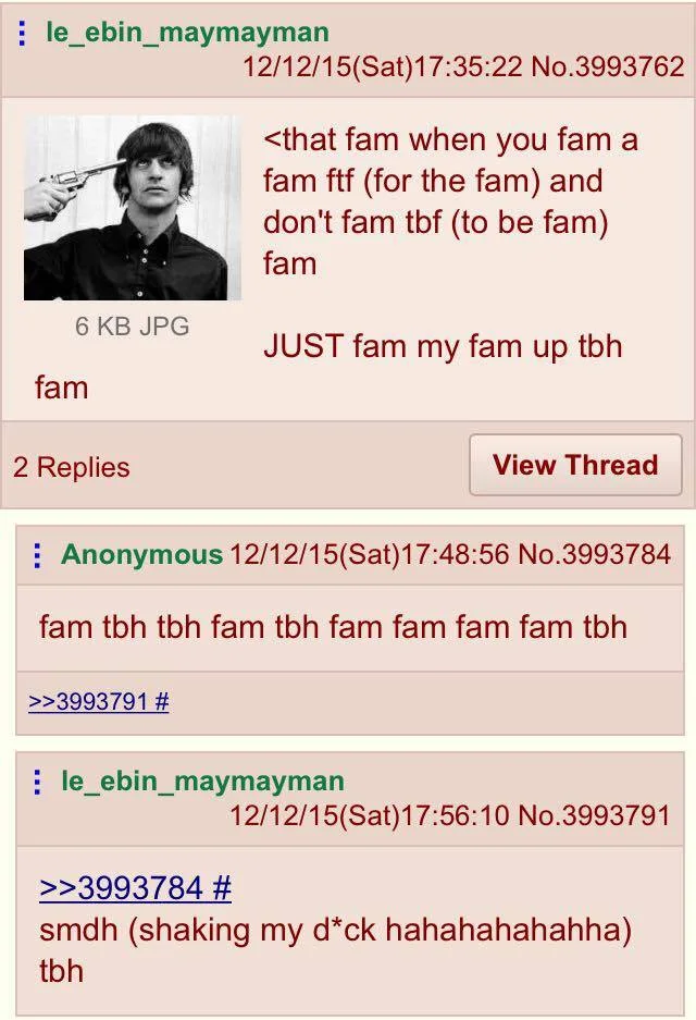 4chan thread with excessive use of 'fam' and 'tbh' slang