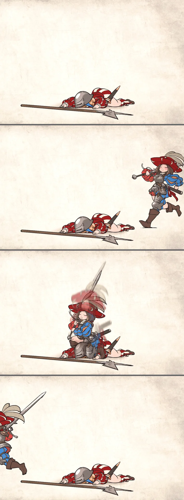 Four-panel comic of a knight teabagging a fallen soldier on a battlefield