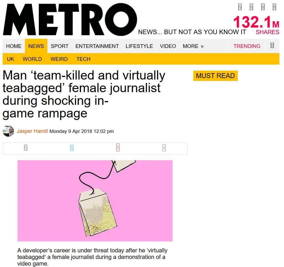 Metro headline about a man virtually teabagging a female journalist in a video game