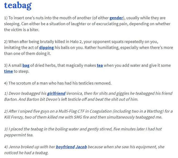 Teabagging — Dictionary entry defining the word teabag with multiple meanings including Halo 2 usage