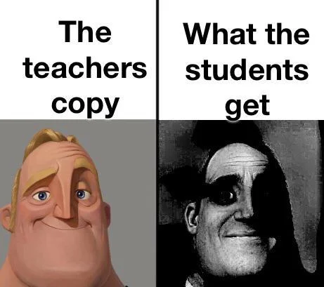 Teacher's Copy vs Student's Copy — Animated character with colorful original and sinister corrupted dark version.