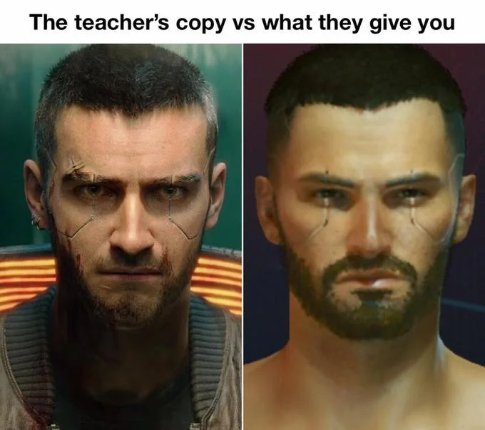 Teacher's Copy vs Student's Copy — Video game character in two different visual states and graphical styles.