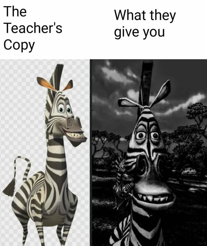 Teacher's Copy vs Student's Copy — Marty the zebra variation with colorful character and distorted dark version.