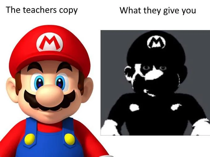Teacher's Copy vs Student's Copy — Mario character variation with colorful version left and black silhouette right.