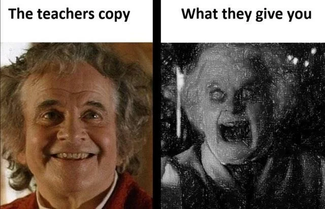 Teacher's Copy vs Student's Copy — Person's face variation showing color photograph versus dark distorted version.