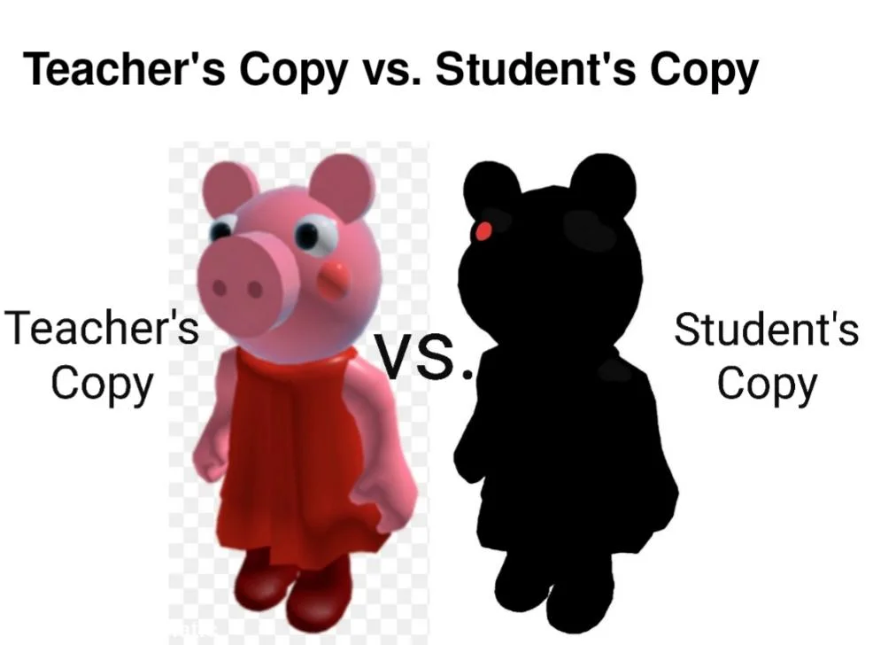 Teacher's Copy vs Student's Copy — Iconic template with colorful 3D pig on left contrasted with black silhouette on right.