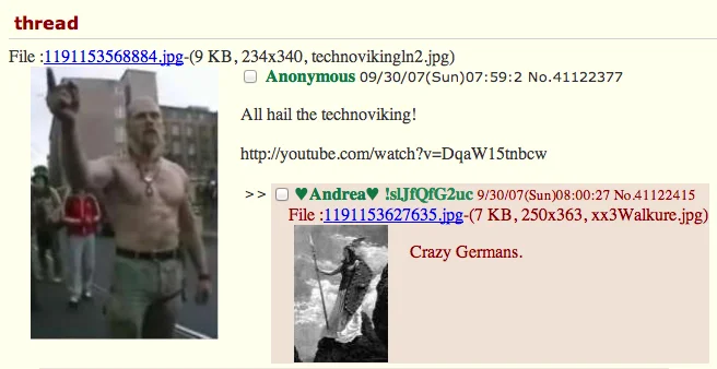 4chan imageboard thread screenshot from September 2007 with Technoviking image.