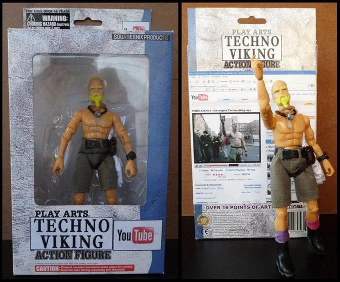 Parody action figure box front and back labeled Play Arts Technoviking.
