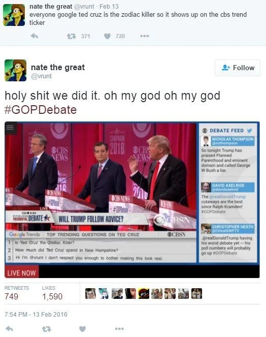 Twitter thread showing Ted Cruz Zodiac Killer question appearing on a CBS News debate trending questions ticker