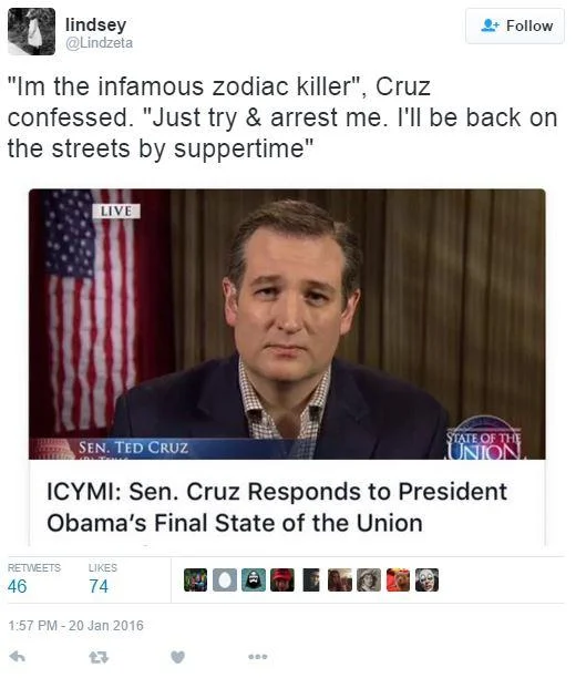 Tweet from lindsey with a fake Ted Cruz Zodiac Killer confession quote over a State of the Union response image