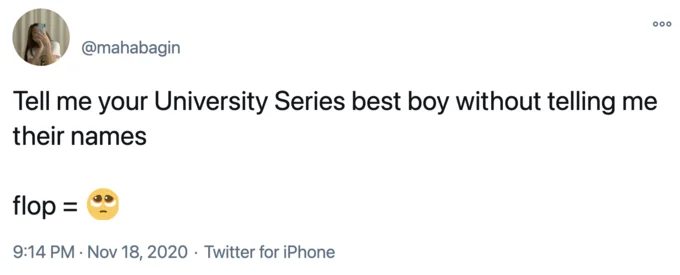 Twitter post about favorite University Series characters using 'Tell Me Without Telling Me'