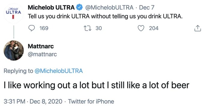 Twitter conversation using 'Tell Me Without Telling Me' format for brand marketing