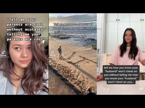 TikTok collage of four creators doing 'Tell Me Without Telling Me' challenge videos