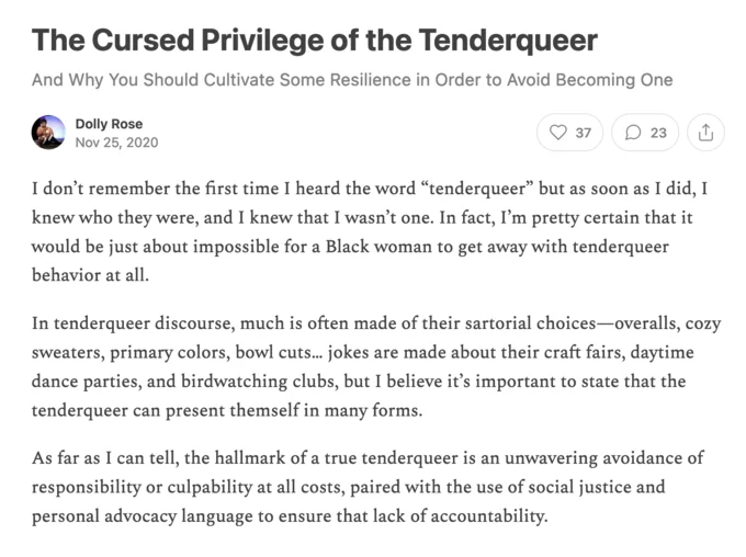 Medium article header and opening paragraphs titled The Cursed Privilege of the Tenderqueer by Dolly Rose