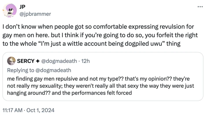 Tenderqueer — Tweet by jpbrammer quoting dogmadeath and criticizing revulsion expressed toward gay men