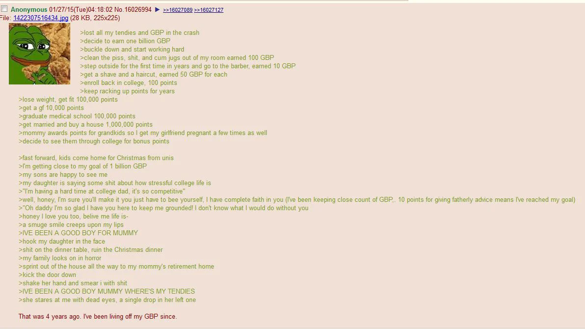 Tendies Stories — 4chan greentext post with Pepe hugging chicken tenders, telling long story about earning Good Boy Points and ruining Christmas