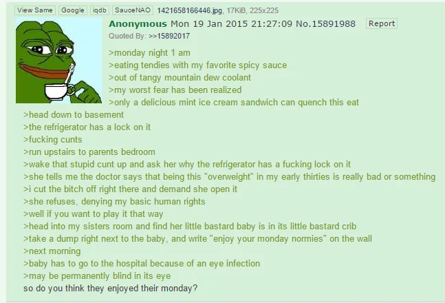 Tendies Stories — 4chan greentext post with tea-sipping Pepe about locked fridge revenge story