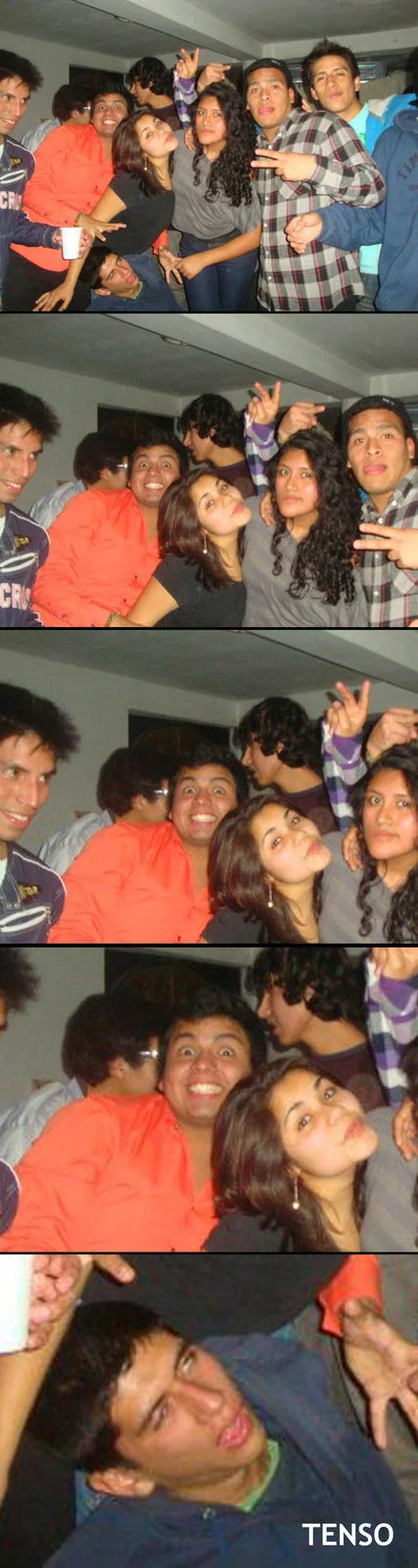 Progressive zoom on a group of young people at a party with the word TENSO