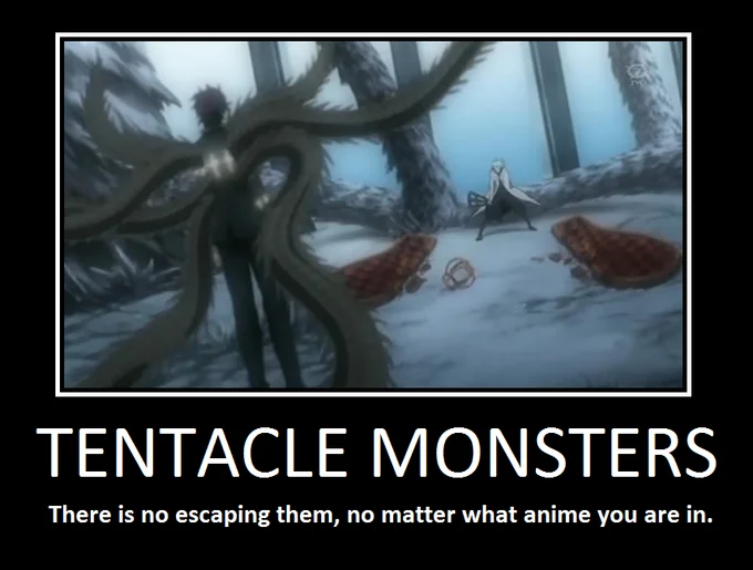 Tentacle Erotica — Demotivational poster of an anime tentacle monster facing a character in a snowy forest, captioned about the ubiquity of tentacle monsters