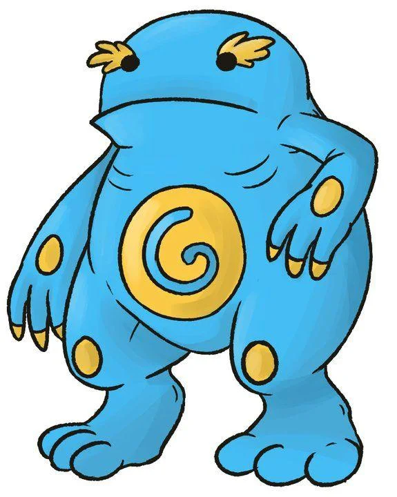 Cartoon drawing of Tentaquil standing with yellow swirl belly and small horn-like crests