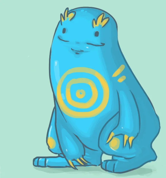 Blue Pokemon-like creature Tentaquil with yellow spiral on belly, sitting against a mint background