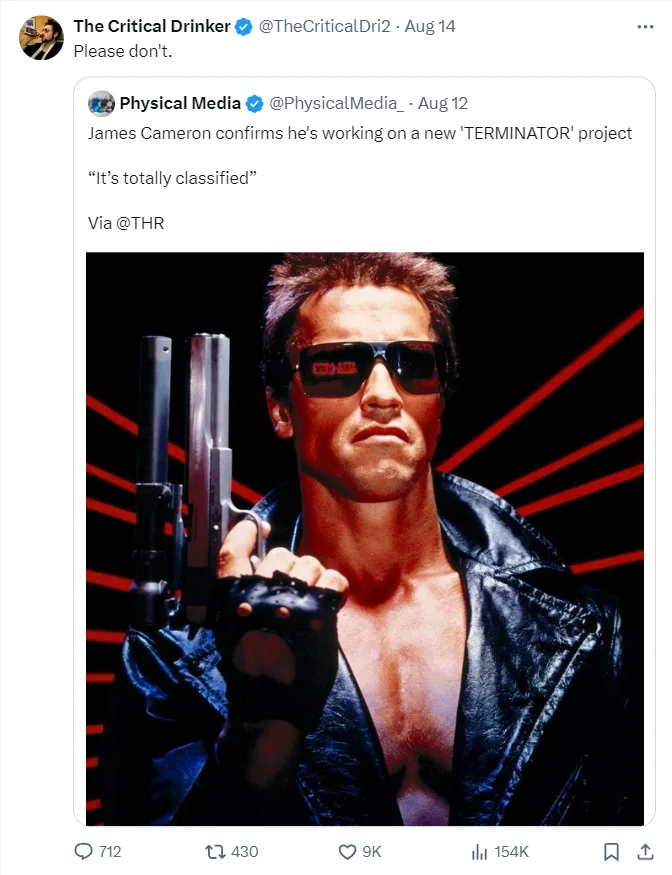 Tweet reacting to James Cameron's new Terminator project announcement