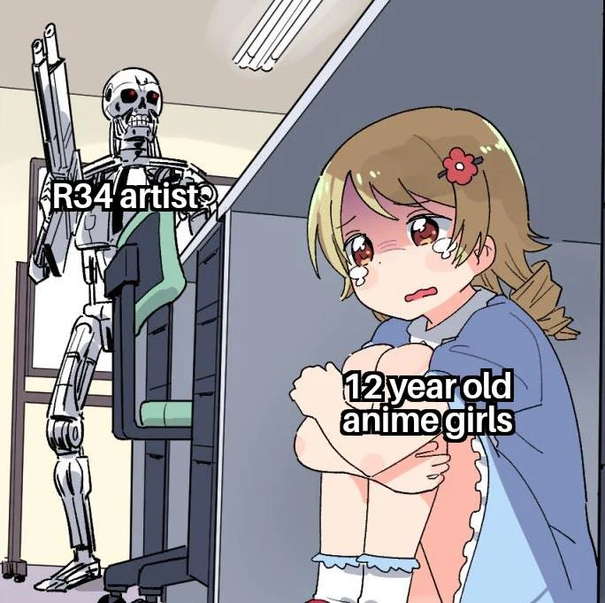 Terminator hunting anime girl meme labeled about R34 artists and anime girls